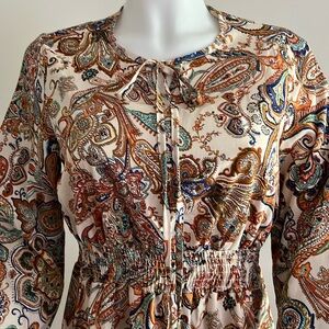 Paisley Print Tie Front Dress, Boho Lantern Long Sleeve Dress, Women's Clothing